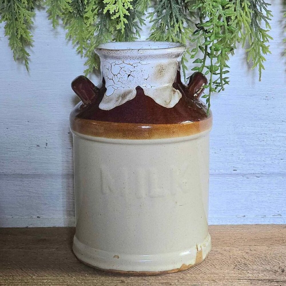 Primitive Vintage Brown Milk Crock Jug Farmhouse Kitchen Pantry Pottery Decor